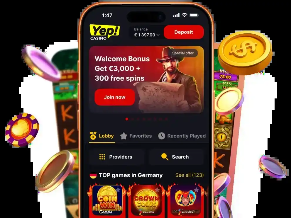 Yep Casino aplikacja mobilna - zrzut ekranu lobby